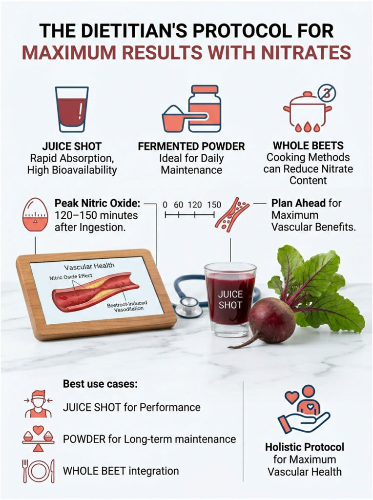 Infographic showing dietitian's protocol for nitrates with juice shots, fermented powder, and whole beets for vascular health.