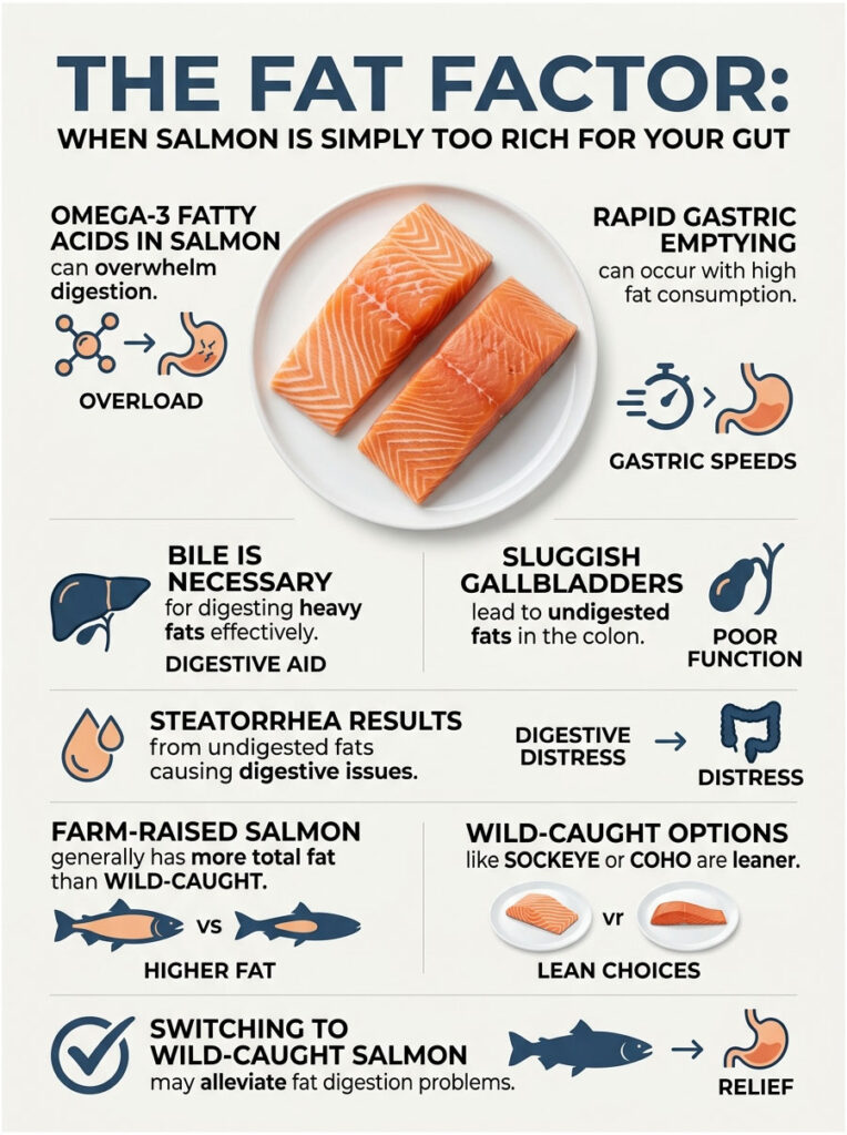 Infographic explaining salmon's fat content effects on digestion, featuring salmon images, icons, and text sections.