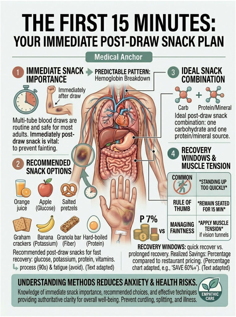 Infographic detailing post-draw snack importance, options, ideal combinations, and recovery tips with illustrations.