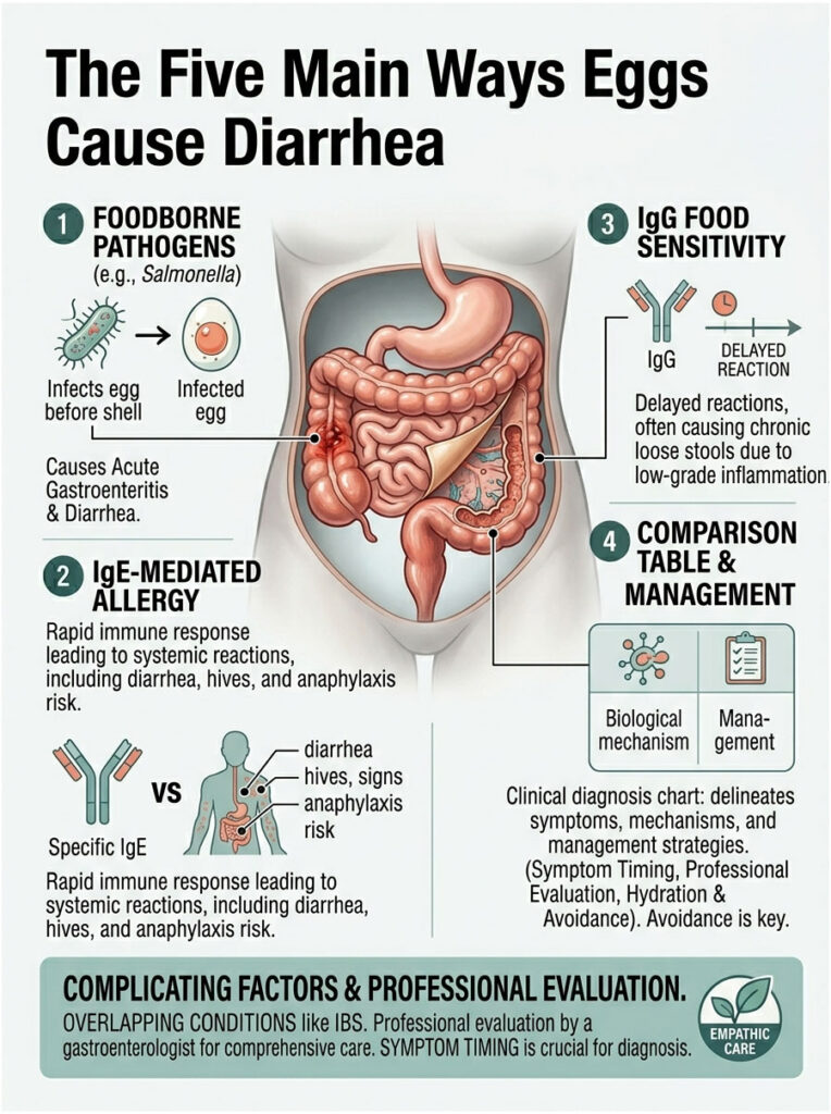 Infographic explaining five ways eggs cause diarrhea, including foodborne pathogens and allergies.
