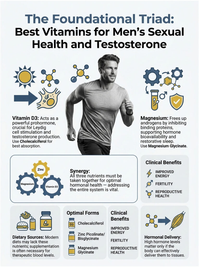 Infographic detailing vitamins D3, Zinc, and Magnesium for men's sexual health and testosterone benefits.