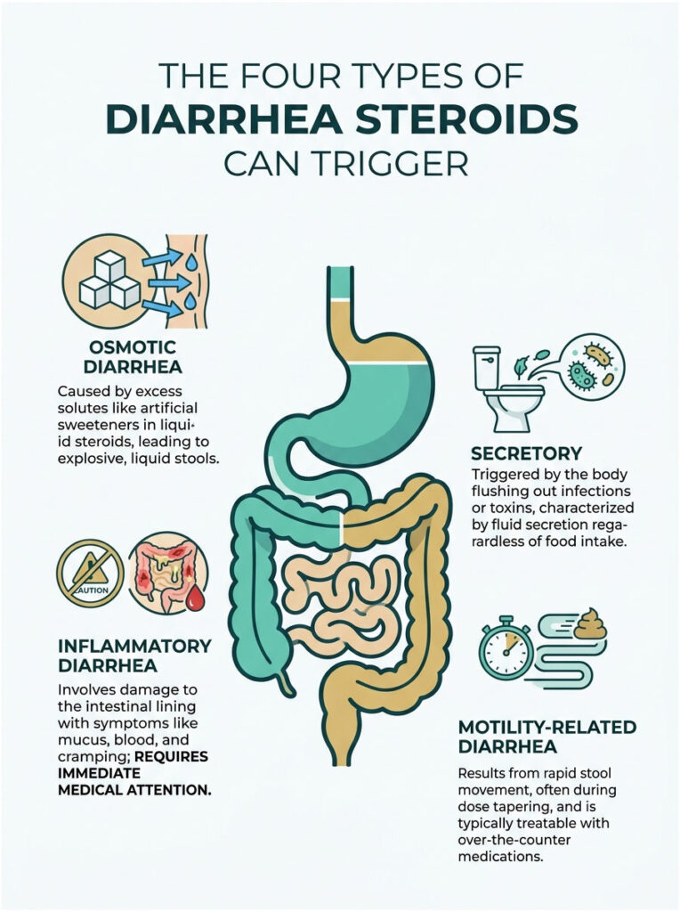 Infographic showing four types of diarrhea triggered by steroids with illustrations and descriptions for each type.