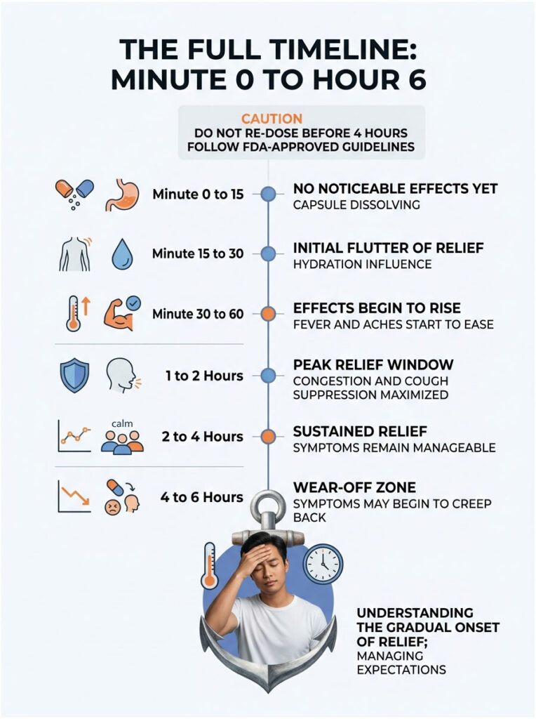 Infographic showing a timeline of effects from medication over six hours with icons and text descriptions.