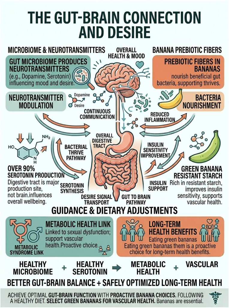 Infographic illustrating the gut-brain connection, highlighting neurotransmitters, health benefits of bananas, and dietary adjustments.