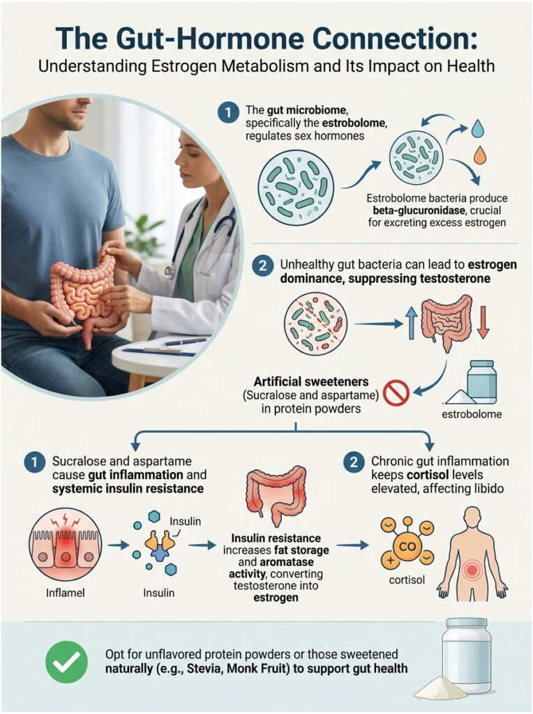 Infographic explaining gut-hormone connection, featuring illustrations of gut health, hormones, and dietary advice.