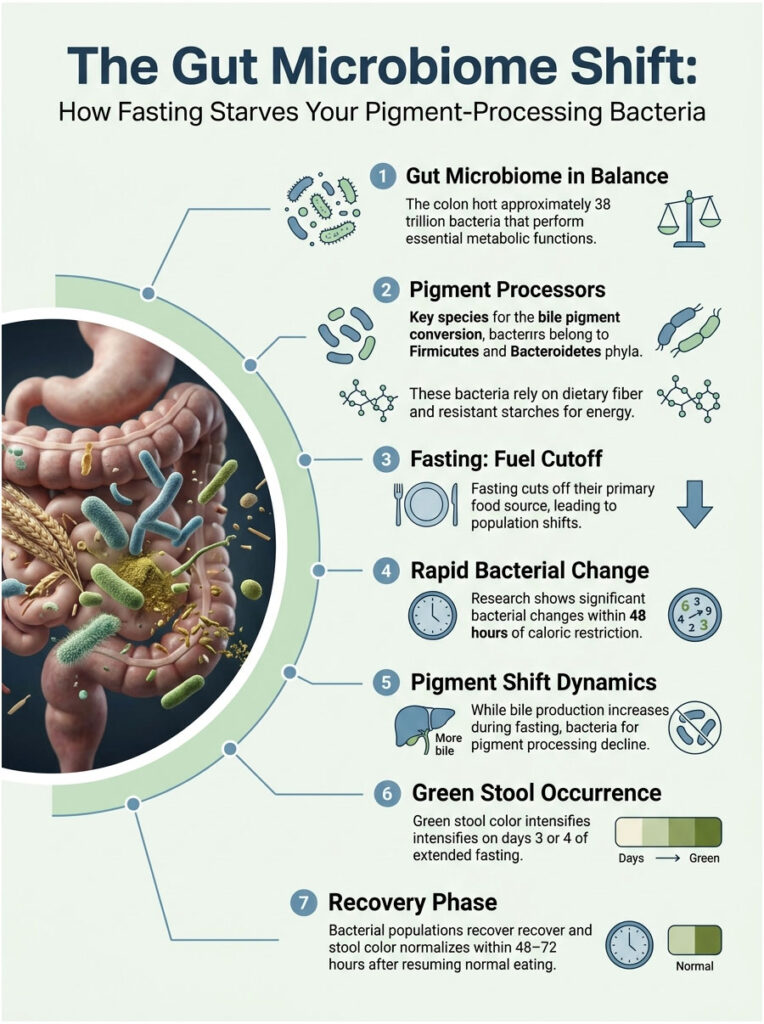 Infographic illustrating gut microbiome shift during fasting, detailing seven key points with icons and illustrations.