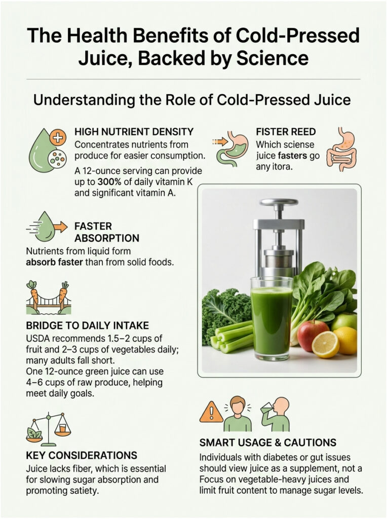 Infographic showing health benefits of cold-pressed juice, including nutrient density and absorption rates.