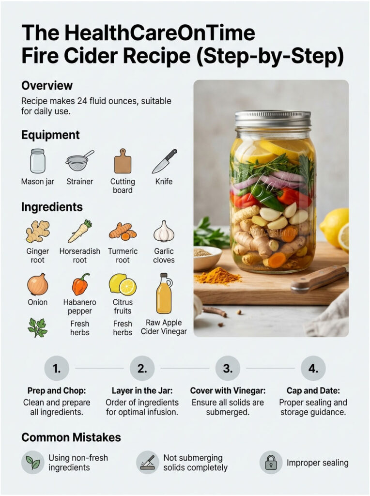 Infographic showing the Fire Cider recipe with ingredients, equipment, and step-by-step instructions.