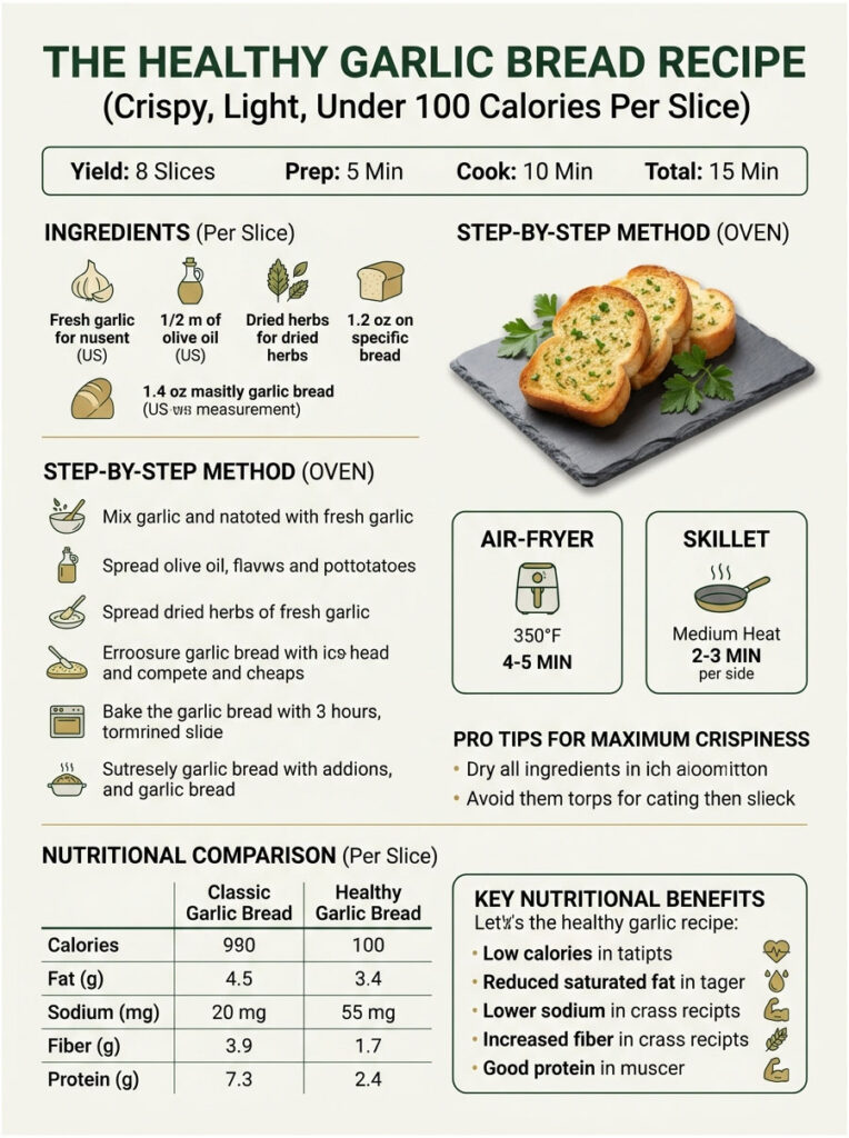 Infographic showing a healthy garlic bread recipe with ingredients, cooking methods, and nutritional comparison.