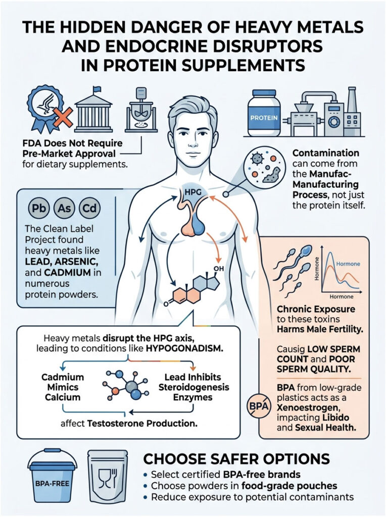 Infographic showing dangers of heavy metals in protein supplements, highlighting contamination and health risks.
