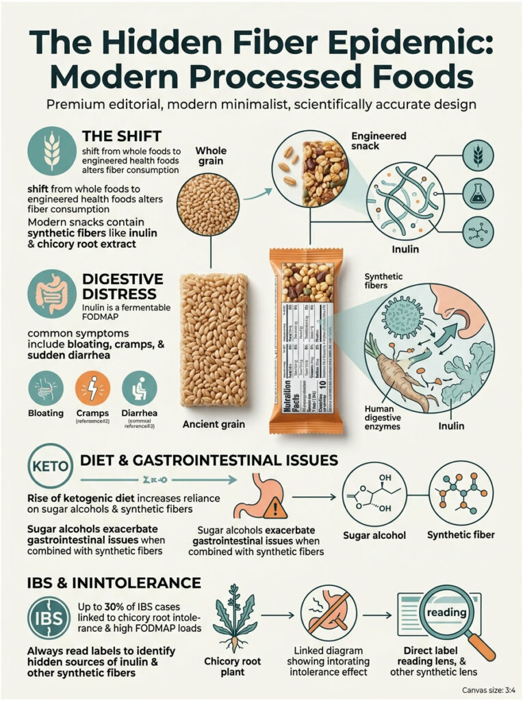 Infographic showing the hidden fiber epidemic in processed foods, including inulin and digestive distress symptoms.