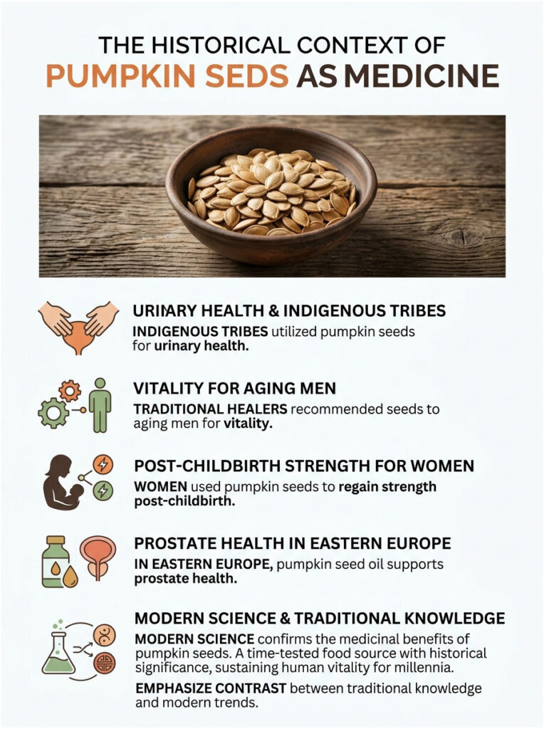 Infographic showing historical uses of pumpkin seeds for health, including urinary health and vitality for men.