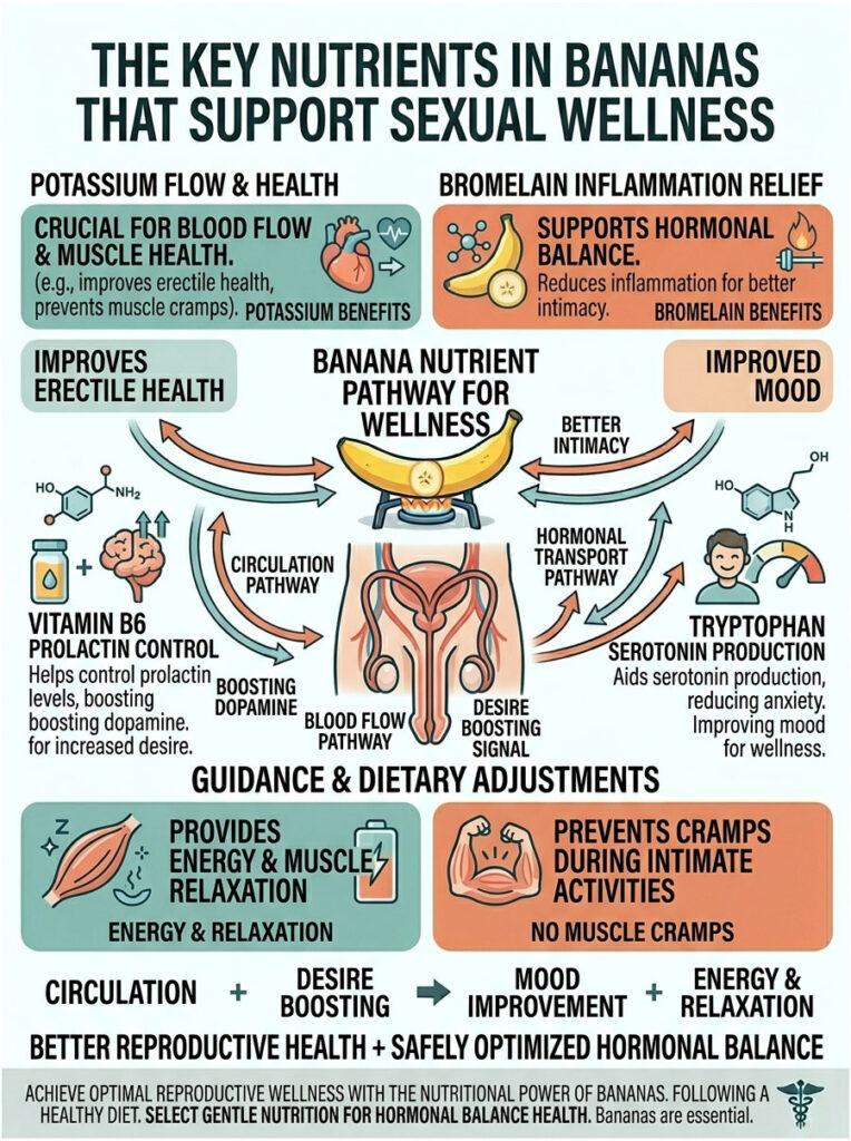 Infographic showing nutrients in bananas that support sexual wellness, including potassium, bromelain, and vitamin B6 benefits.