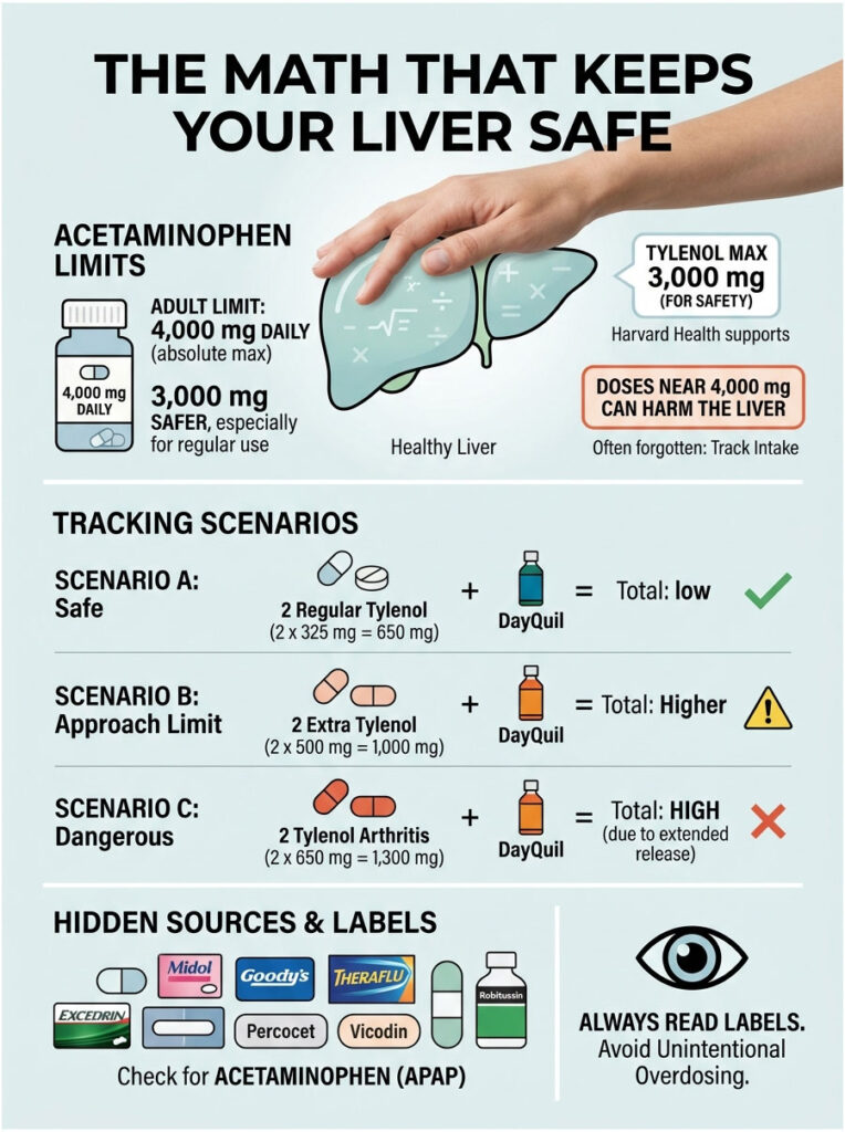 Infographic showing acetaminophen limits, tracking scenarios, and hidden sources for liver safety.