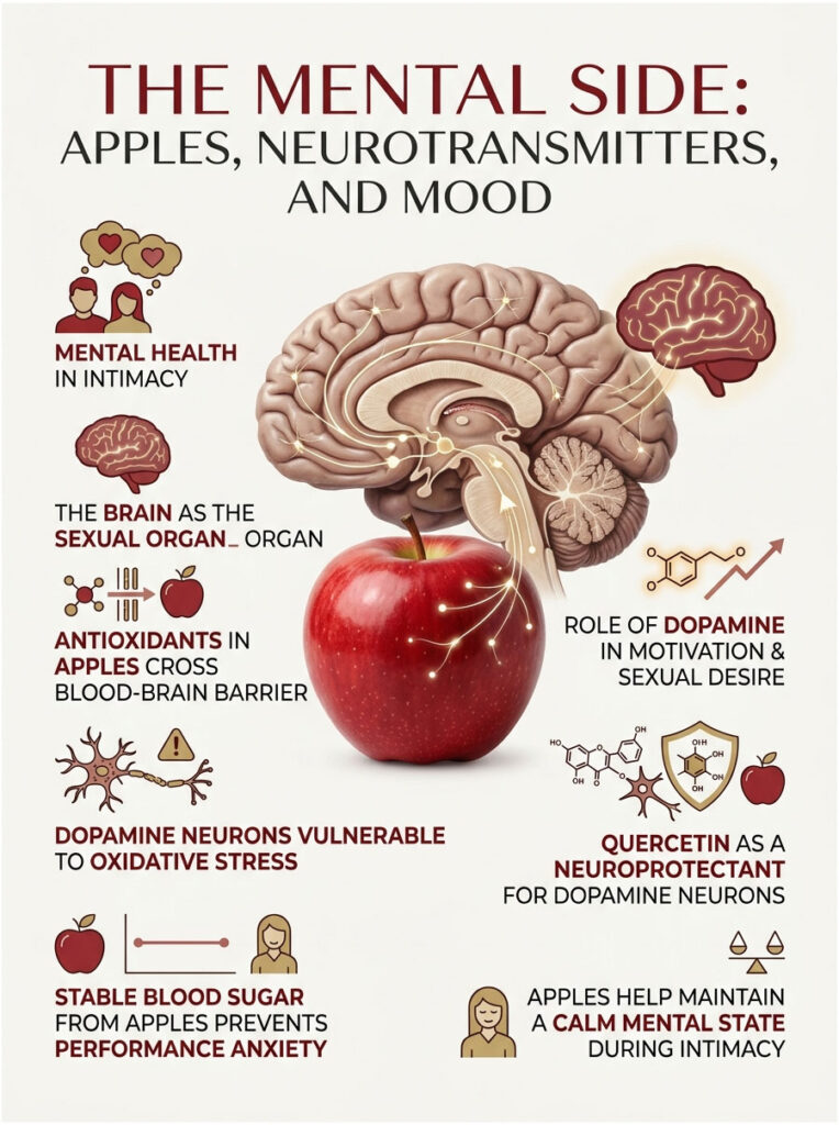 Infographic showing the brain, apple, and neurotransmitters with text on mental health, dopamine, and antioxidants.