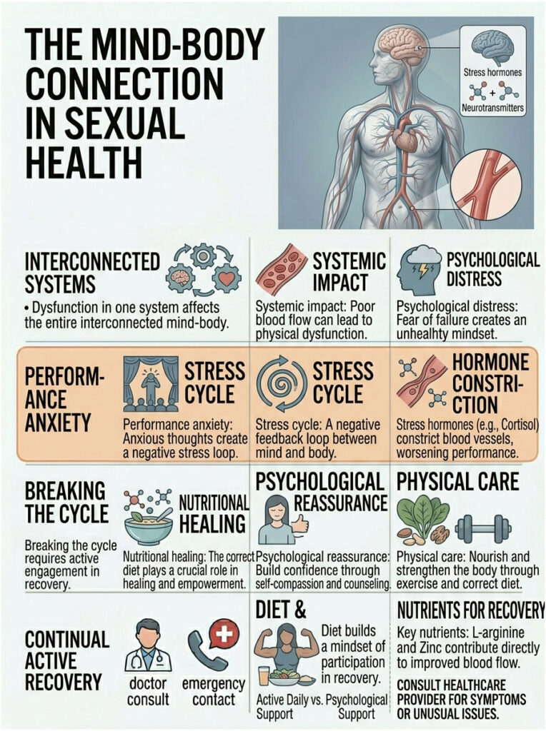 Infographic illustrating the mind-body connection in sexual health with charts and icons on stress and recovery.
