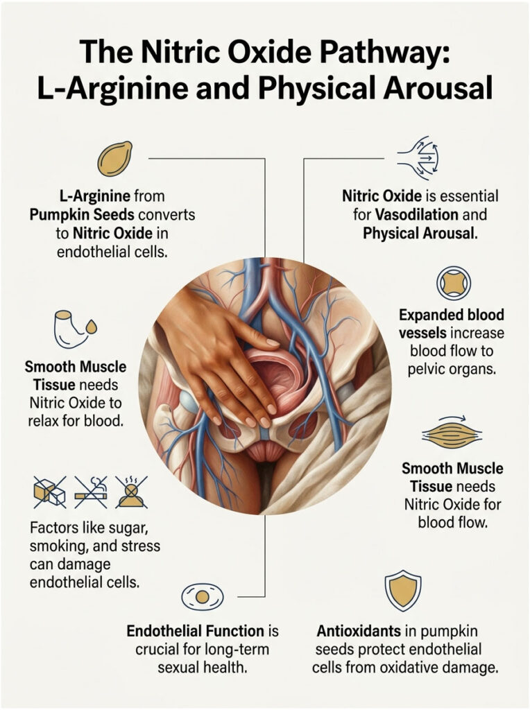 Infographic showing the nitric oxide pathway, L-arginine from pumpkin seeds, and its effects on blood flow and health.