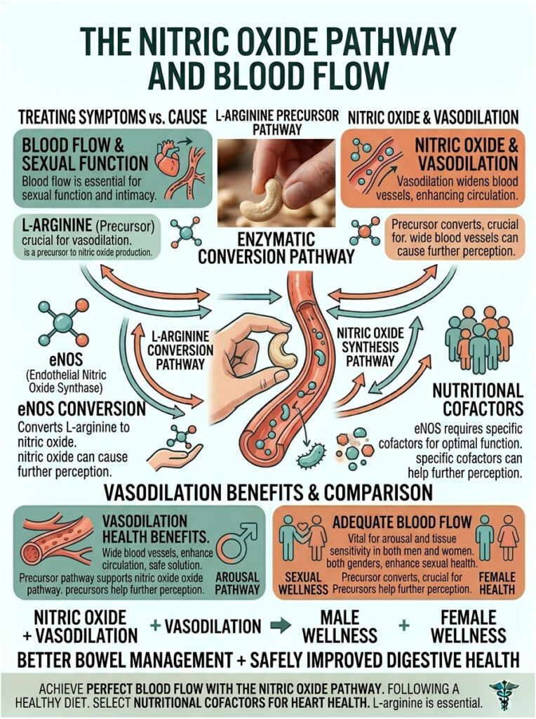 Infographic explaining nitric oxide pathway, blood flow, and sexual function with charts and icons.