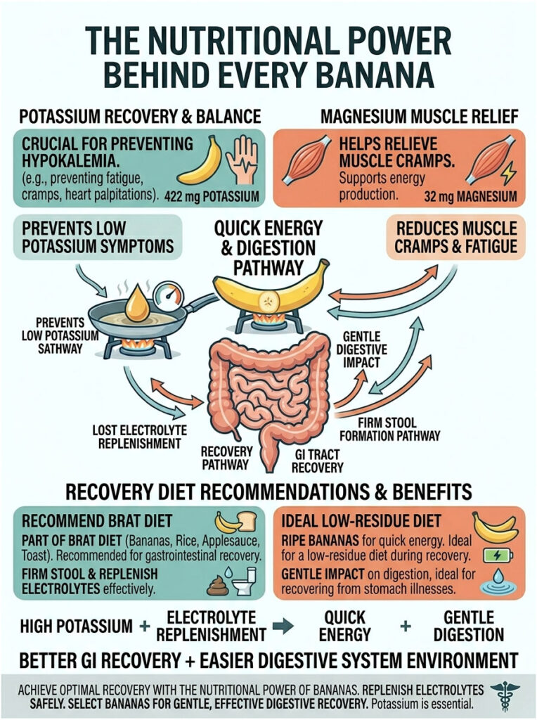 Infographic explaining nutritional benefits of bananas, highlighting potassium, magnesium, and recovery diet recommendations.