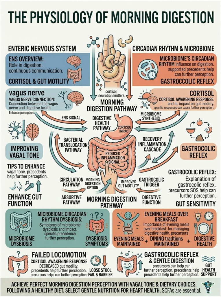 Infographic illustrating the physiology of morning digestion, including pathways, gut health, and vagal tone improvement.