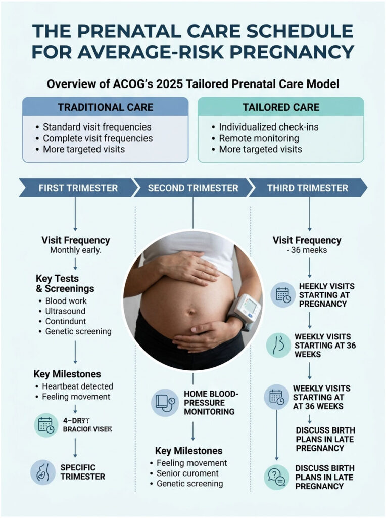 Infographic detailing prenatal care schedule for average-risk pregnancy, including visit frequencies and key tests.
