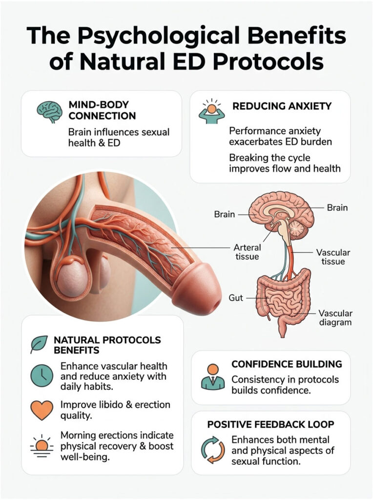 Infographic showing psychological benefits of natural ED protocols with illustrations of brain, gut, and vascular system.