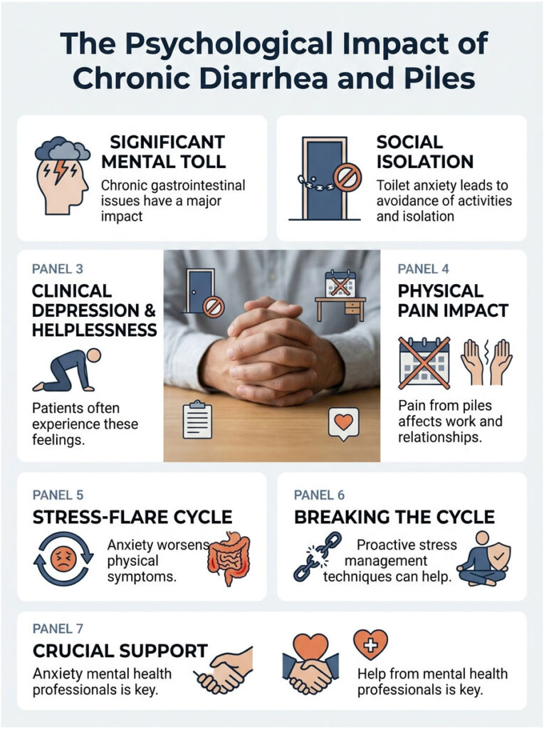 Infographic showing psychological impacts of chronic diarrhea and piles, including mental toll and support options.