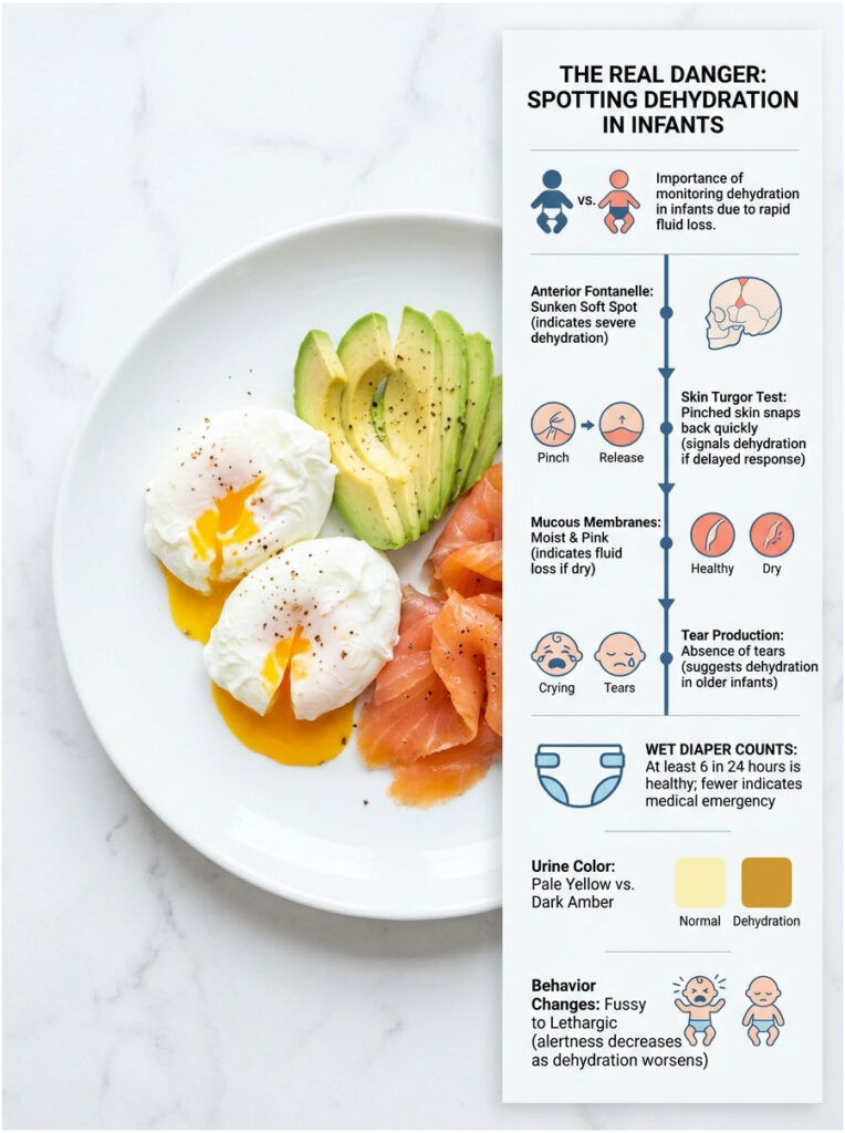Infographic showing dehydration signs in infants with illustrations and text on symptoms and monitoring methods.