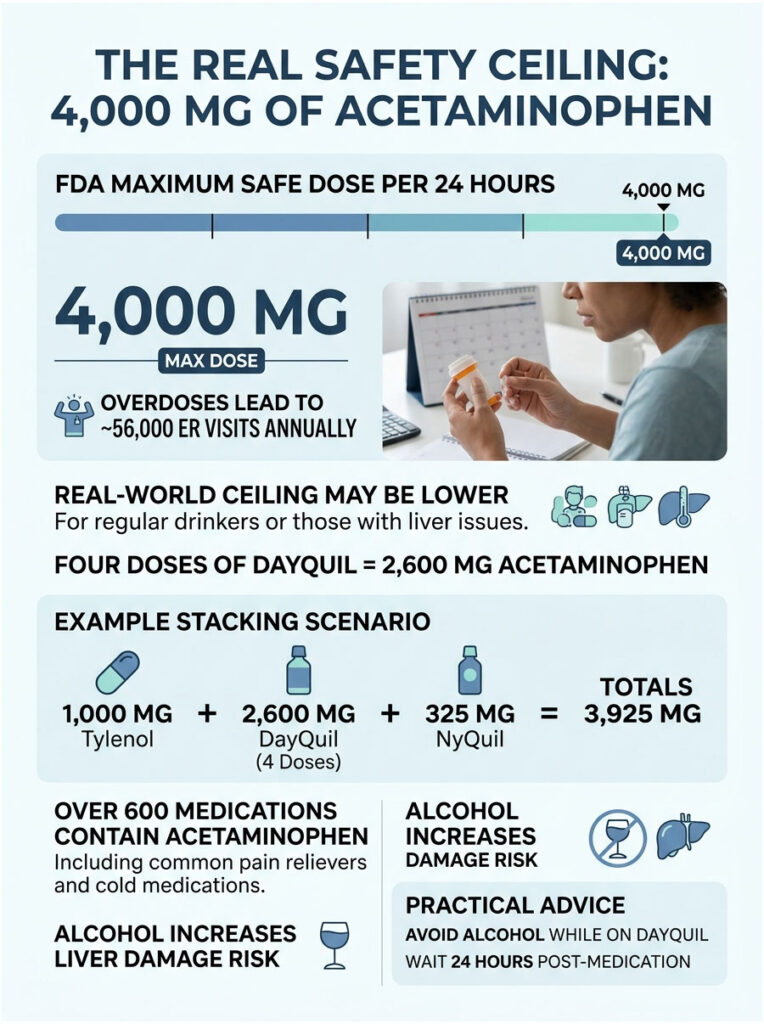 Infographic showing acetaminophen safety ceiling, dosage recommendations, and stacking scenarios with visuals and statistics.