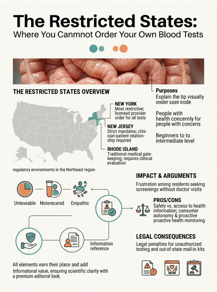 Infographic showing states where blood tests require provider orders, with charts and icons explaining regulations and impacts.