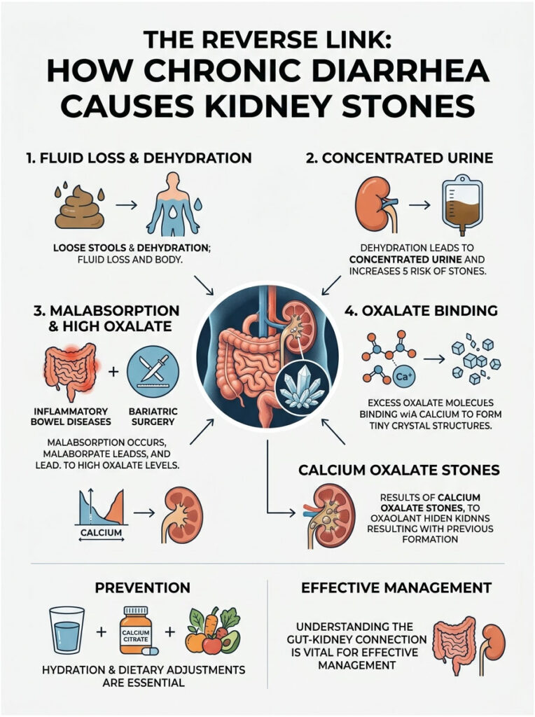 Infographic explaining how chronic diarrhea causes kidney stones with illustrations and key data points.