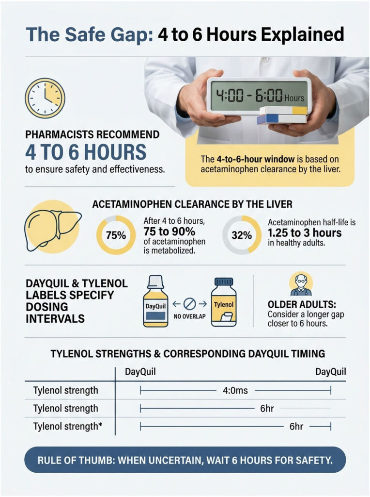 Infographic explaining safe dosing intervals for acetaminophen, featuring charts and recommendations for DayQuil and Tylenol.