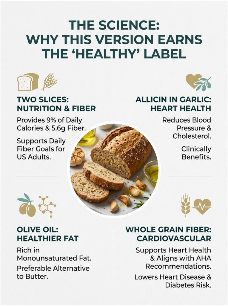 Infographic detailing health benefits of bread, garlic, olive oil, and whole grain fiber with supportive statistics.