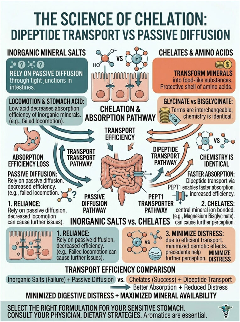 Infographic comparing dipeptide transport and passive diffusion in mineral absorption efficiency.