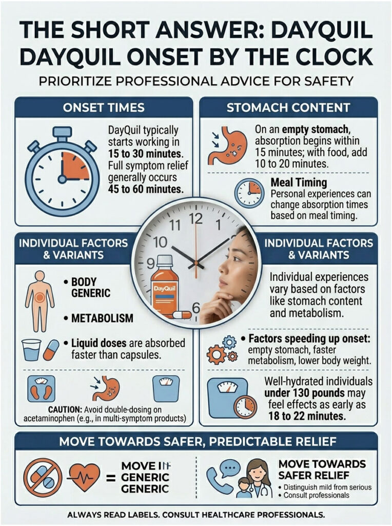 Infographic detailing DayQuil onset times, stomach content effects, and individual factors on absorption rates.