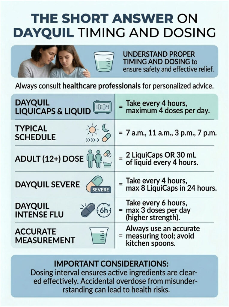 Infographic detailing DayQuil timing and dosing guidelines, including schedules and dosage for adults.