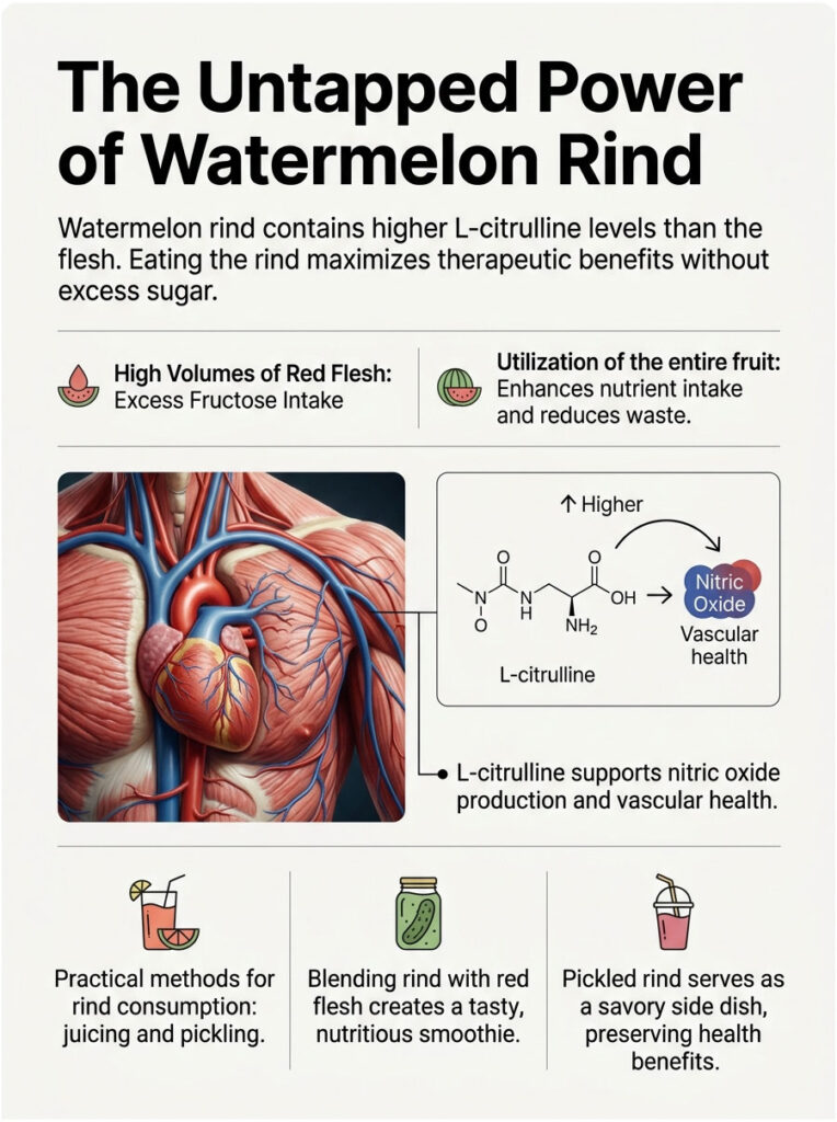 Infographic showing benefits of watermelon rind, including L-citrulline levels, heart health, and consumption methods.