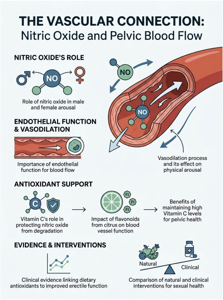 Infographic illustrating nitric oxide's role in pelvic blood flow, endothelial function, and antioxidant support.