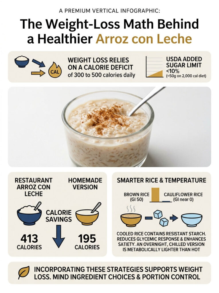 Infographic showing weight-loss tips for healthier Arroz con Leche with calorie comparisons and rice types.
