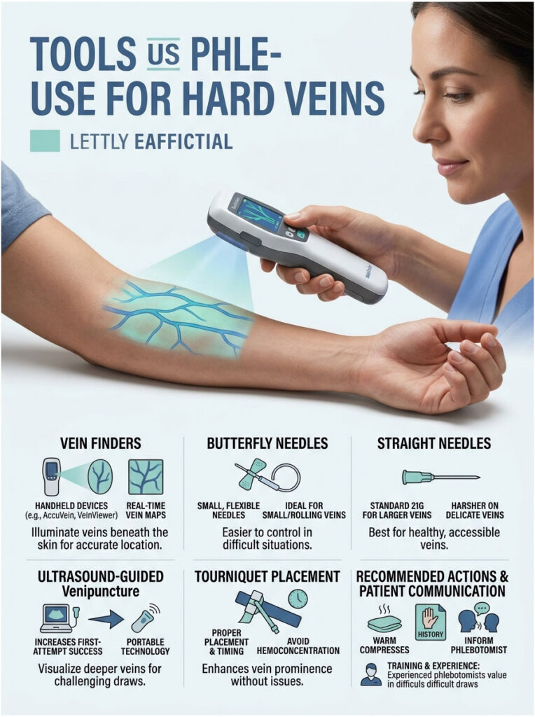 Infographic showing tools for phlebotomy on hard veins, including vein finders and needle types.