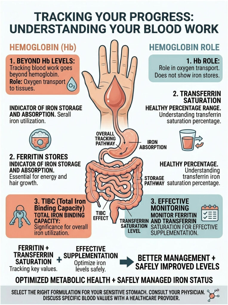 Infographic explaining blood work, highlighting hemoglobin, ferritin, and TIBC with illustrations and key roles.