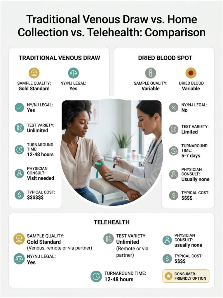 Comparison of Traditional Venous Draw, Dried Blood Spot, and Telehealth with key data points and visuals. Infographic.