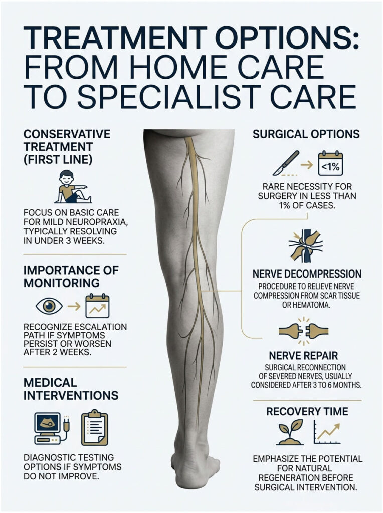 Infographic detailing treatment options for neuropraxia, including conservative care, monitoring, and surgical options.