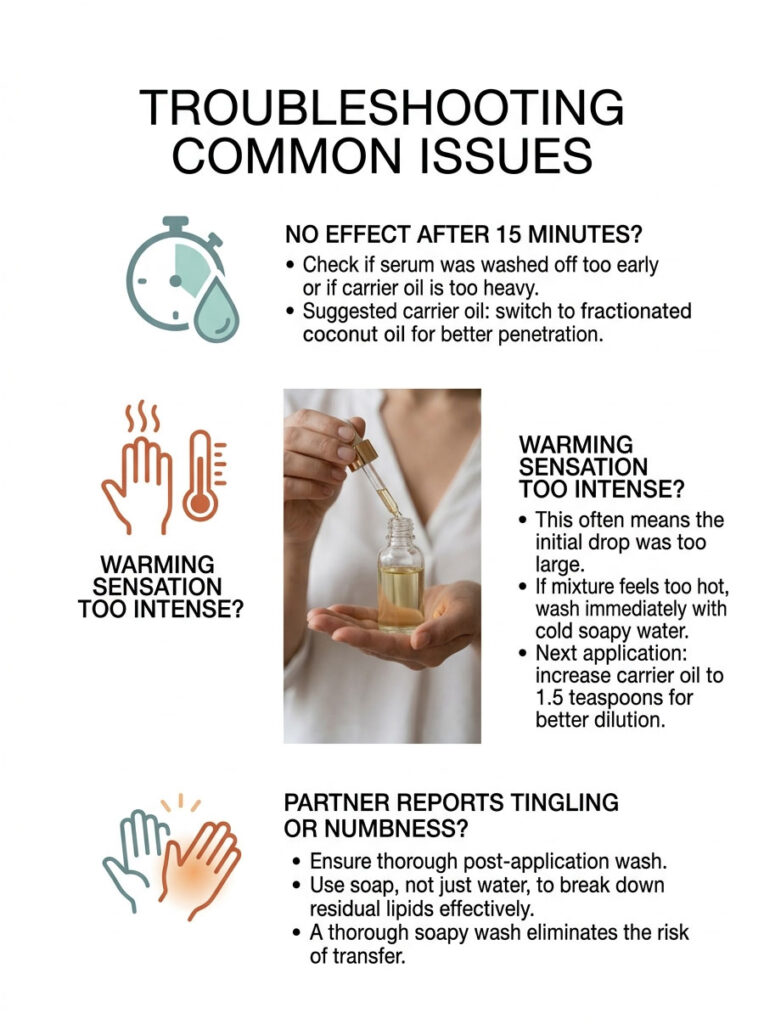 Infographic on troubleshooting common issues with serum application, featuring text and illustrations of hands and oil.
