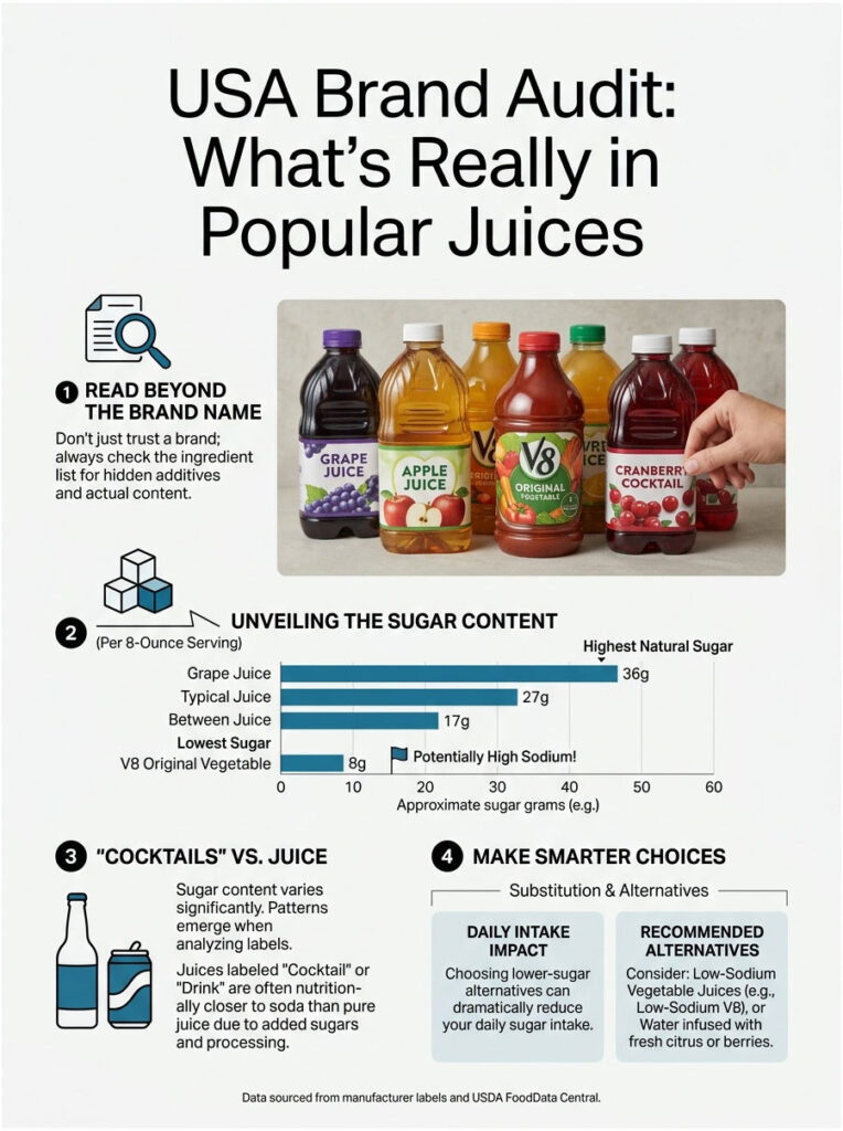 Infographic showing popular juice brands, sugar content comparison, and tips for healthier choices.