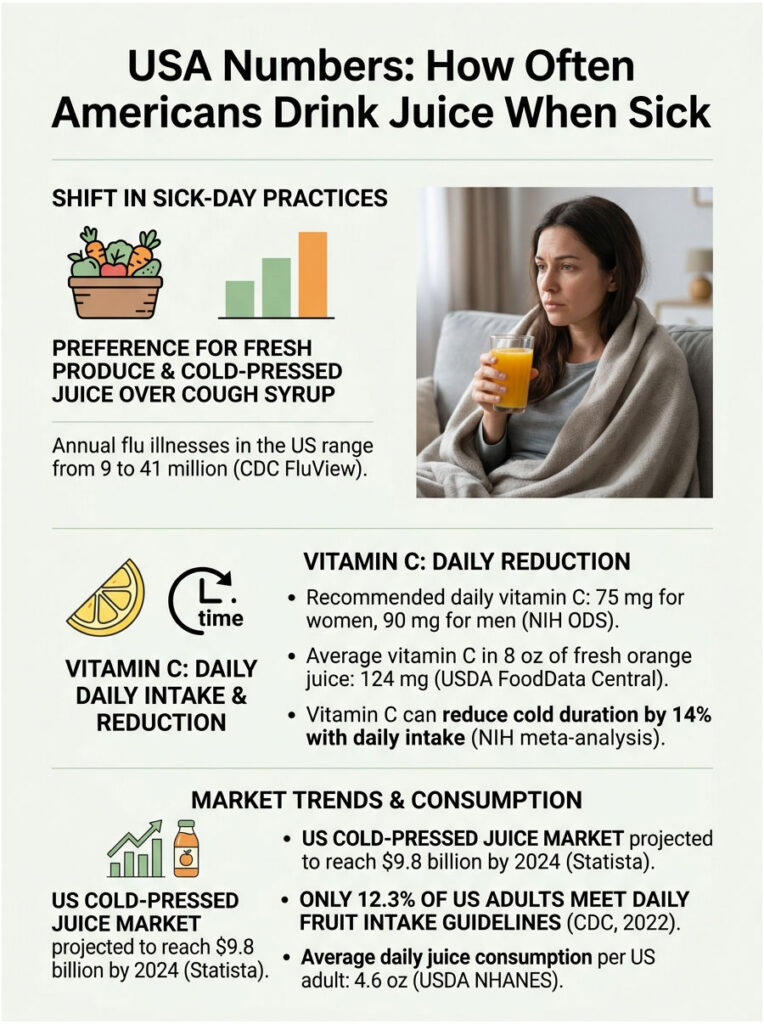 Infographic showing how often Americans drink juice when sick, including statistics on vitamin C and market trends.