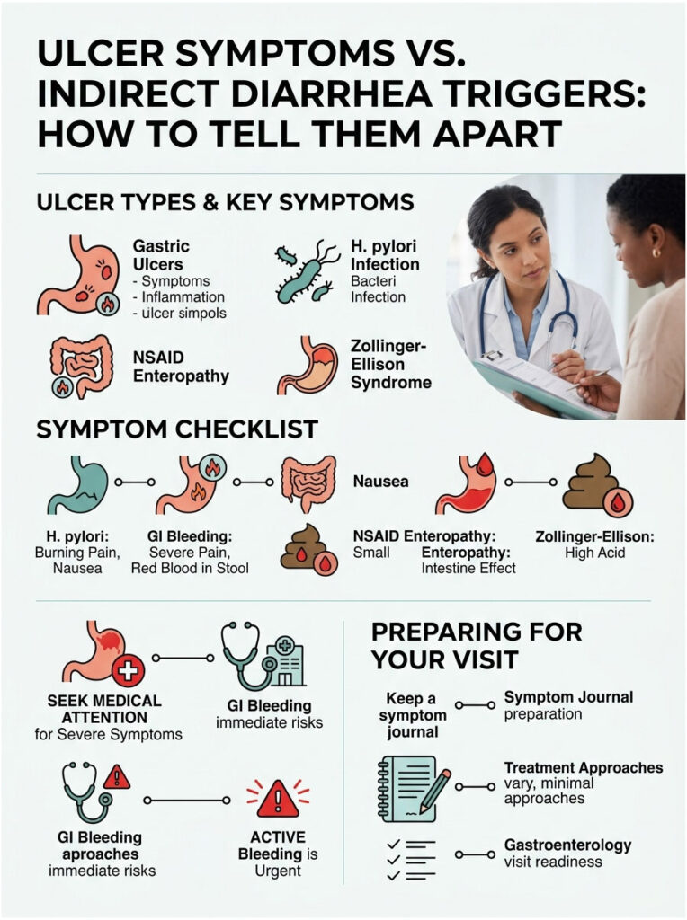 Infographic comparing ulcer symptoms and indirect diarrhea triggers with icons and symptom checklist.