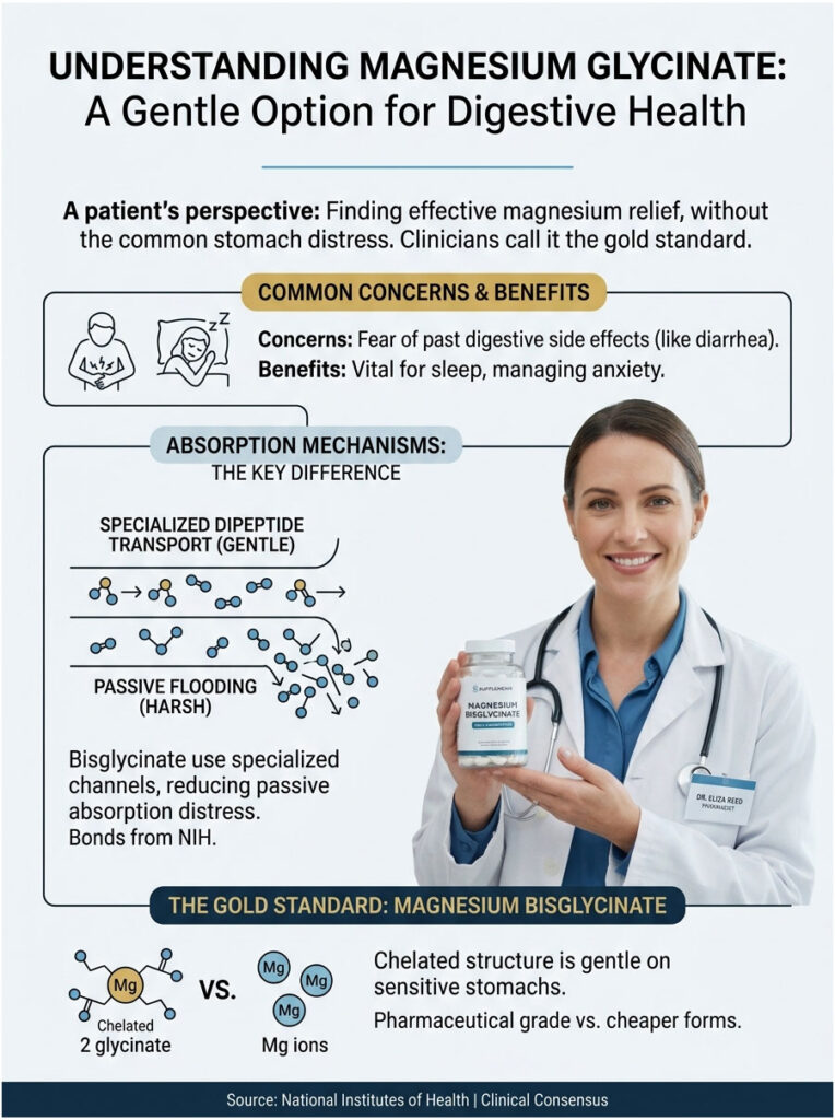 Infographic explaining magnesium glycinate benefits and absorption mechanisms with a doctor holding a supplement bottle.