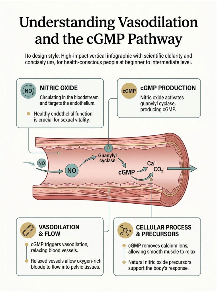 Infographic explaining vasodilation and cGMP pathway with diagrams and key points on nitric oxide and blood flow.
