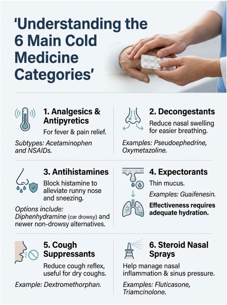 Infographic explaining six cold medicine categories with examples and descriptions for each type.